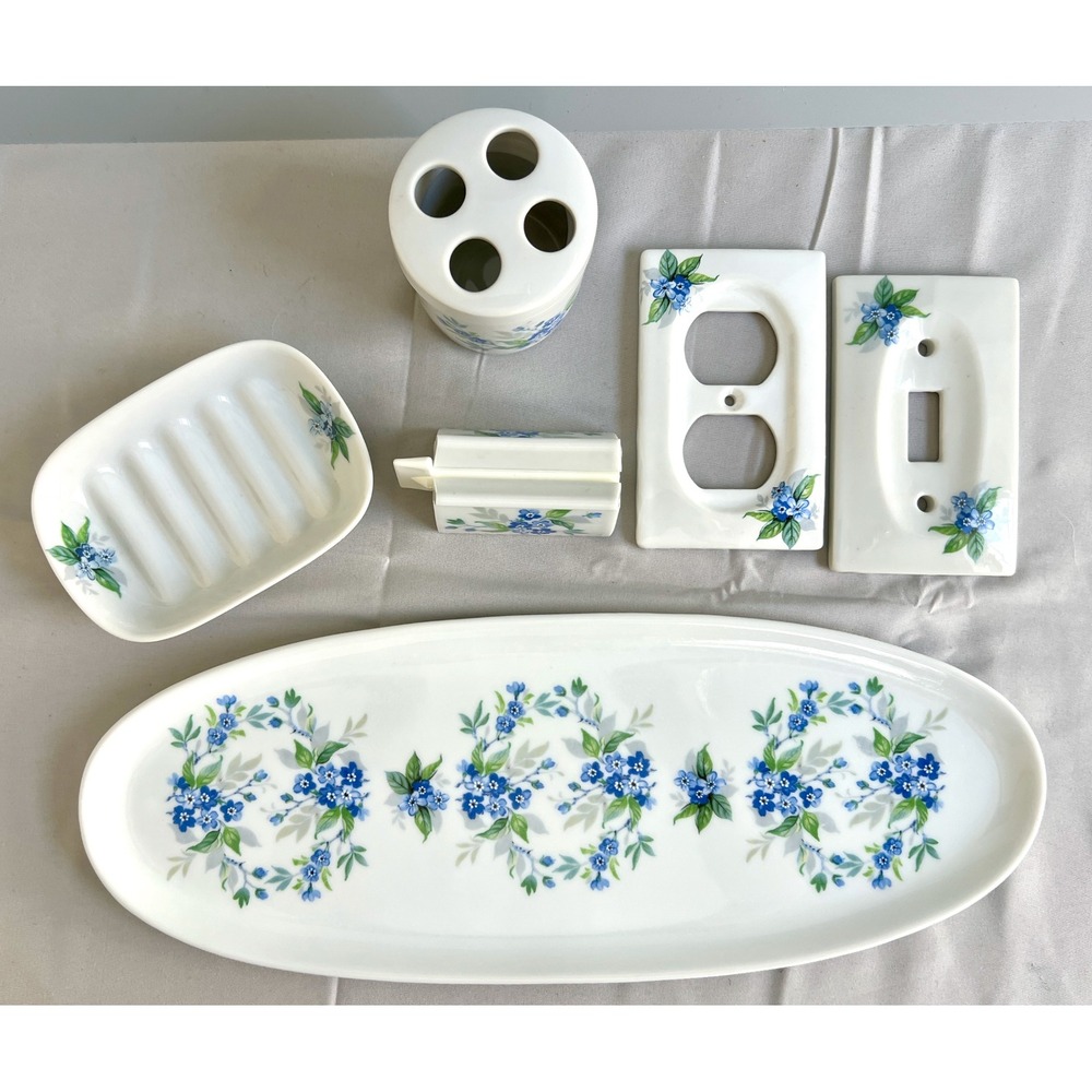 Vintage Liette Porcelain Bathroom Set Blue Floral 6pc Tray Toothpaste Dispenser
